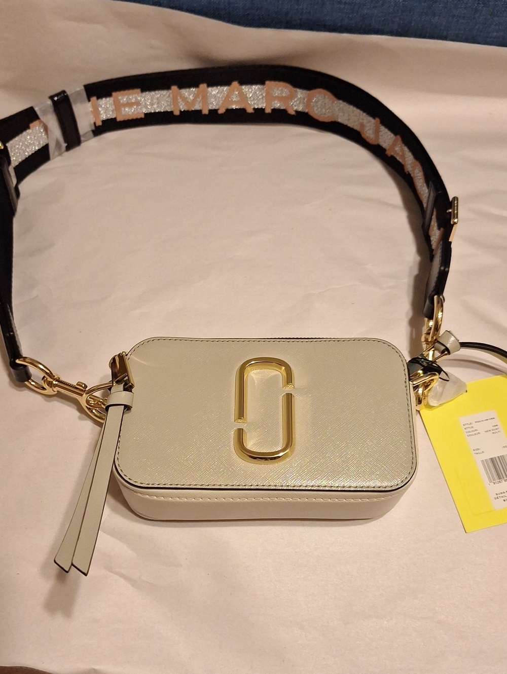Marc Jacobs Grey and Cream Saffiano Snapshot Camera Bag with Black Logo Strap